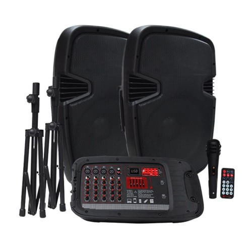 Sistema PA completa: 2 Bafles de 10" + consola potenciada + trípodes + micrófono + cables